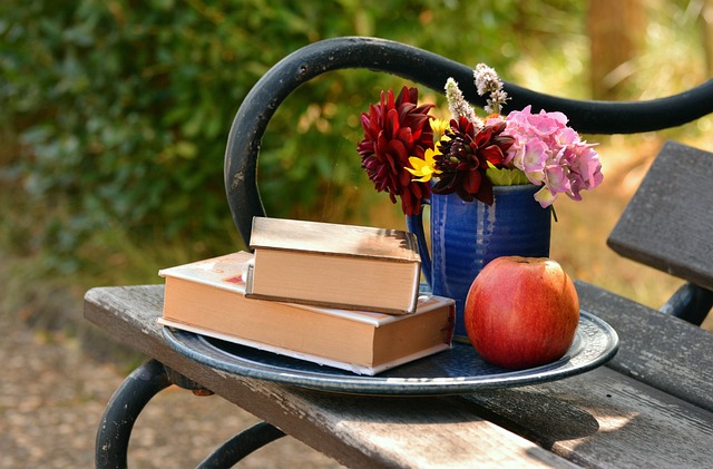 Ecke einer alten Bank mit Teller und darauf 2 Bcher, Tasse mit Blumen und 1 Apfel